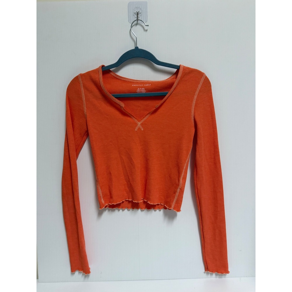 American Eagle Orange Waffle Knit Thermal Crop Top Long Sleeve XS
